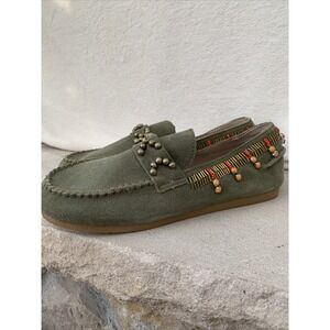 HOUSE OF HARLOW Shayla Beaded Green Suede Moccasins Shoes Size 7.5 Loafer